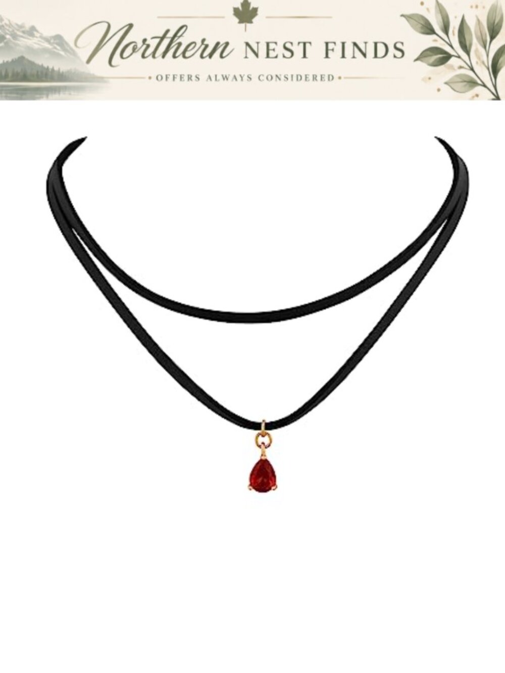 Layered Choker Necklace Faux Leather Glass Teardrop Pendant Goth Boho